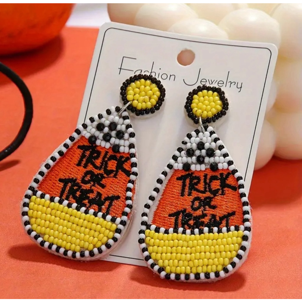 Beaded Trick or Treat Candy Corn Dangle Earrings